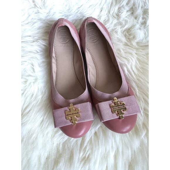 Tory Burch Soft Leather Pink Ballet Flats Gold Logo On Bow Size 5/35 Worn Once - Picture 2 of 8